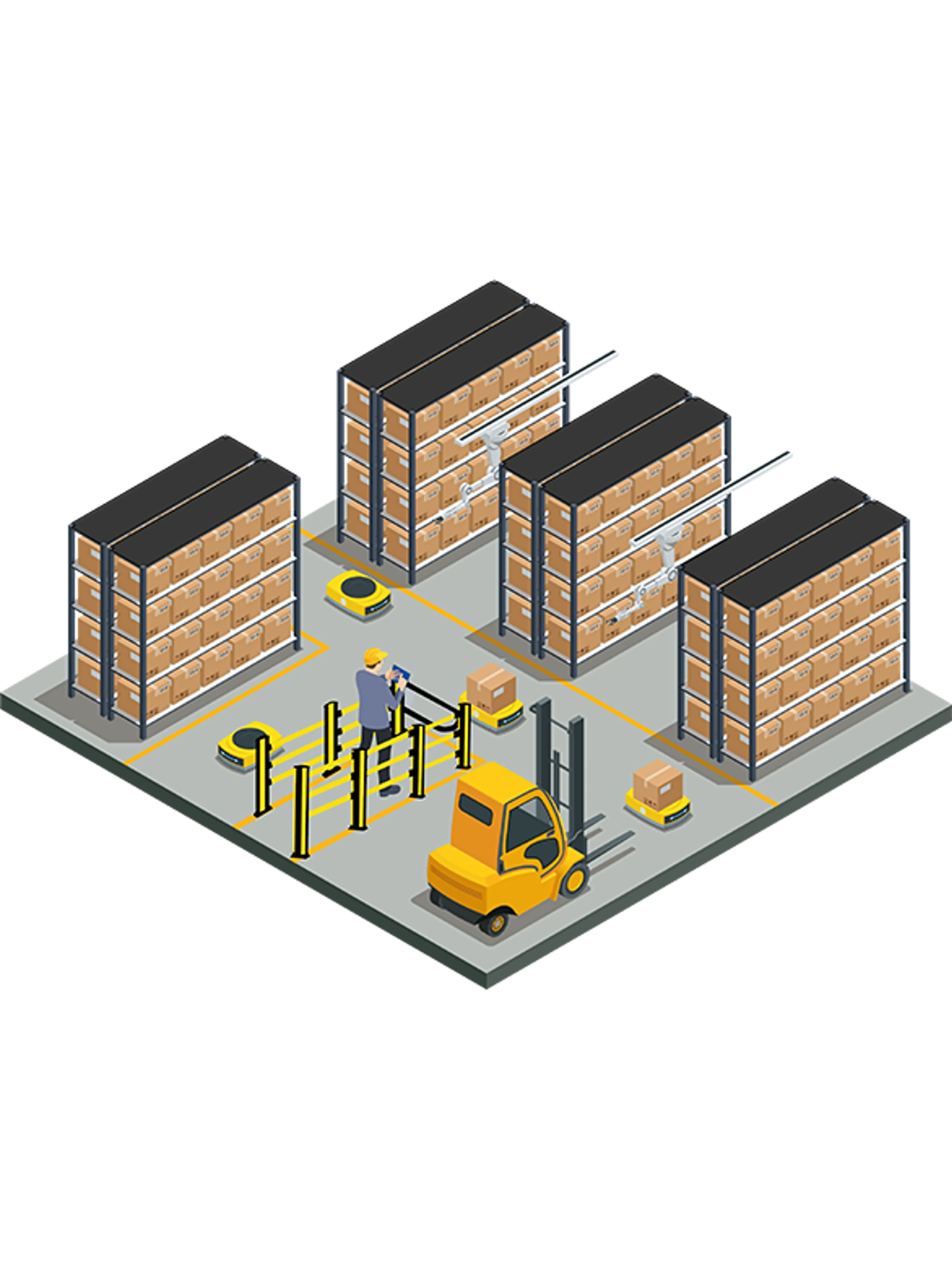 Warehouse with shelving, mobile robots, forklift, and worker behind safety barriers