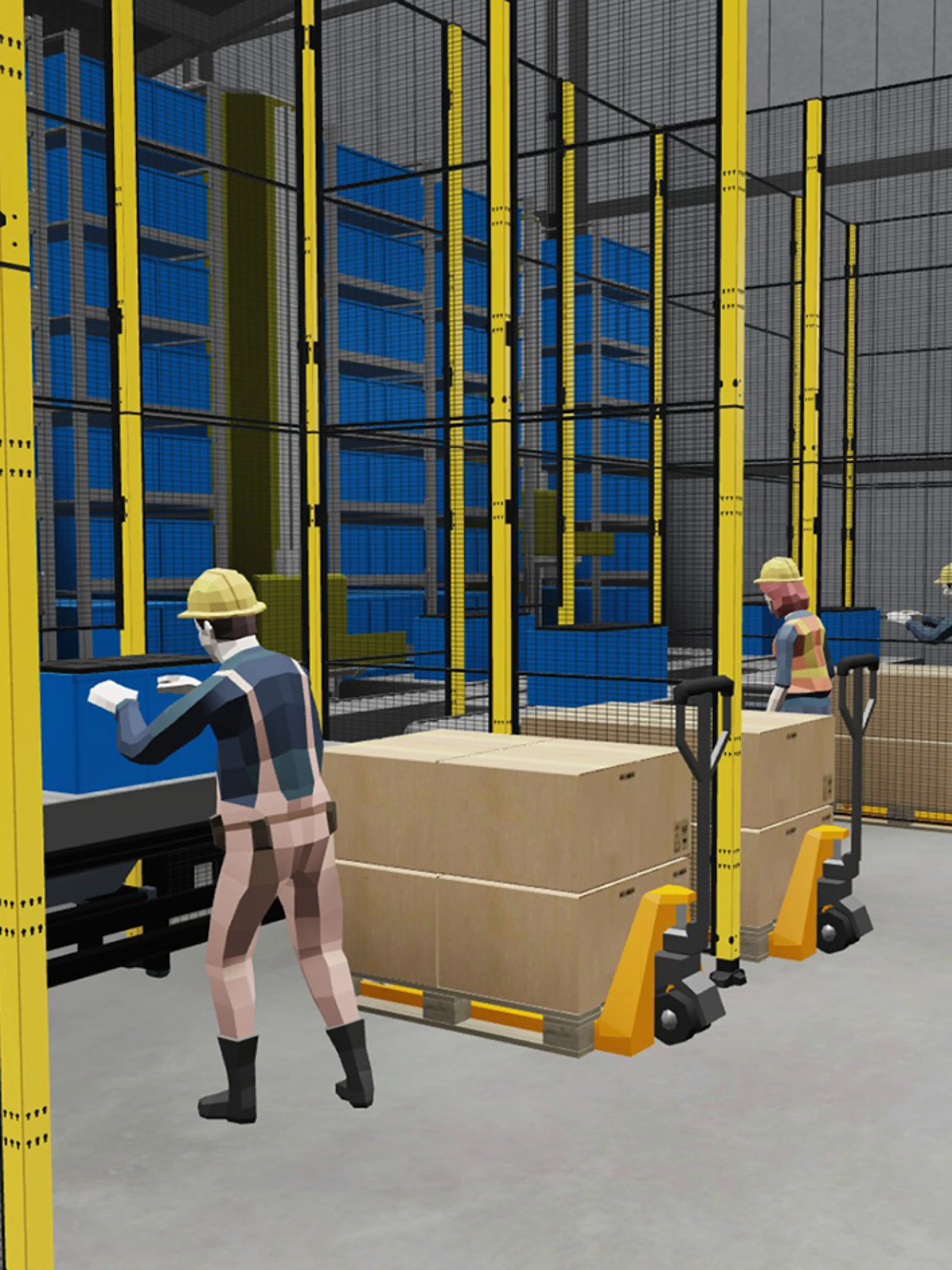 Warehouse workers in a safeguarded workplace area, moving boxes near conveyor systems, illustrating a low-risk zone