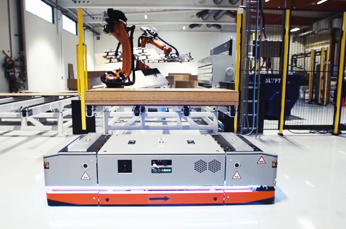 Automated guided vehicle (AMR) in industrial warehouse