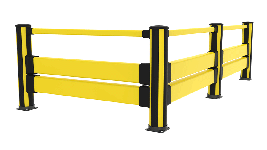 Black and yellow pedestrian with double impact protection assembled as a corner section